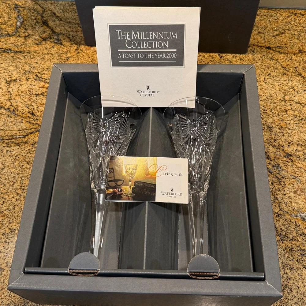 Waterford Crystal Millennium Collection Happiness Toasting Flutes New in Box